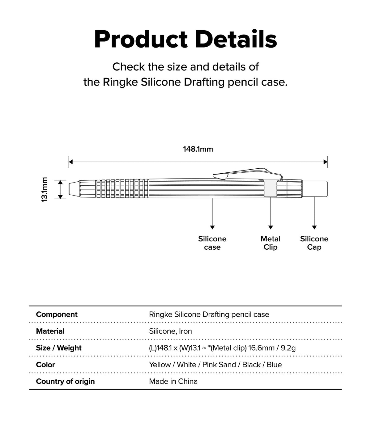Apple Pencil USB-C Case | Silicone Drafting Pencil Case - Technical diagram showing dimensions, components, and specs.