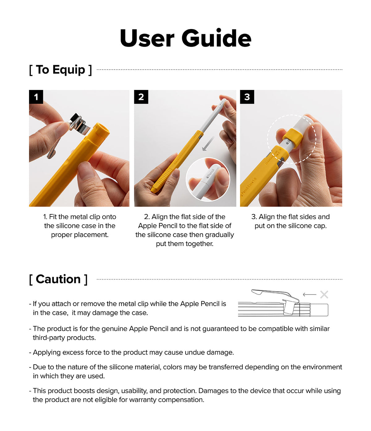 Apple Pencil USB-C Case | Silicone Drafting Pencil Case - Apple Pencil USB-C Case - Three-step visual guide showing how to attach a metal clip and silicone case to an Apple Pencil.