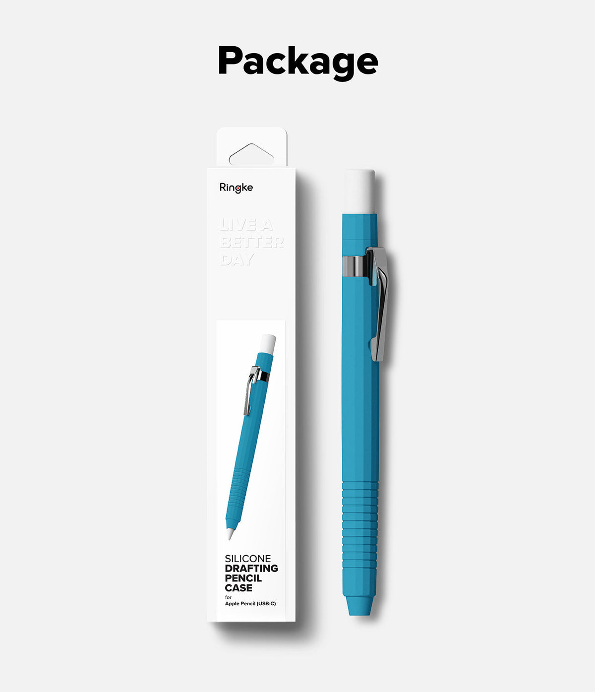 Apple Pencil USB-C Case | Silicone Drafting Pencil Case - Apple Pencil USB-C Case - Blue silicone drafting-style case for Apple Pencil USB-C shown next to its retail packaging.