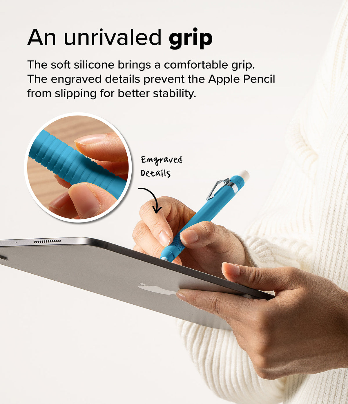 Apple Pencil USB-C Case | Silicone Drafting Pencil Case - Apple Pencil USB-C Case - A blue silicone case on an Apple Pencil held by a person writing on a tablet with a zoomed-in view.