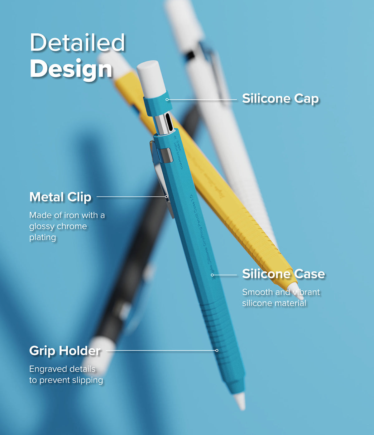Apple Pencil USB-C Case | Silicone Drafting Pencil Case - Apple Pencil USB-C Case - Diagram of a silicone drafting-style case for Apple Pencil highlighting metal clip and grip.