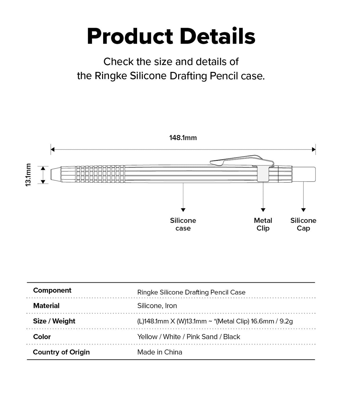 Apple Pencil USB-C Case | Silicone Drafting Pencil Case - Technical diagram showing dimensions and parts of the case.