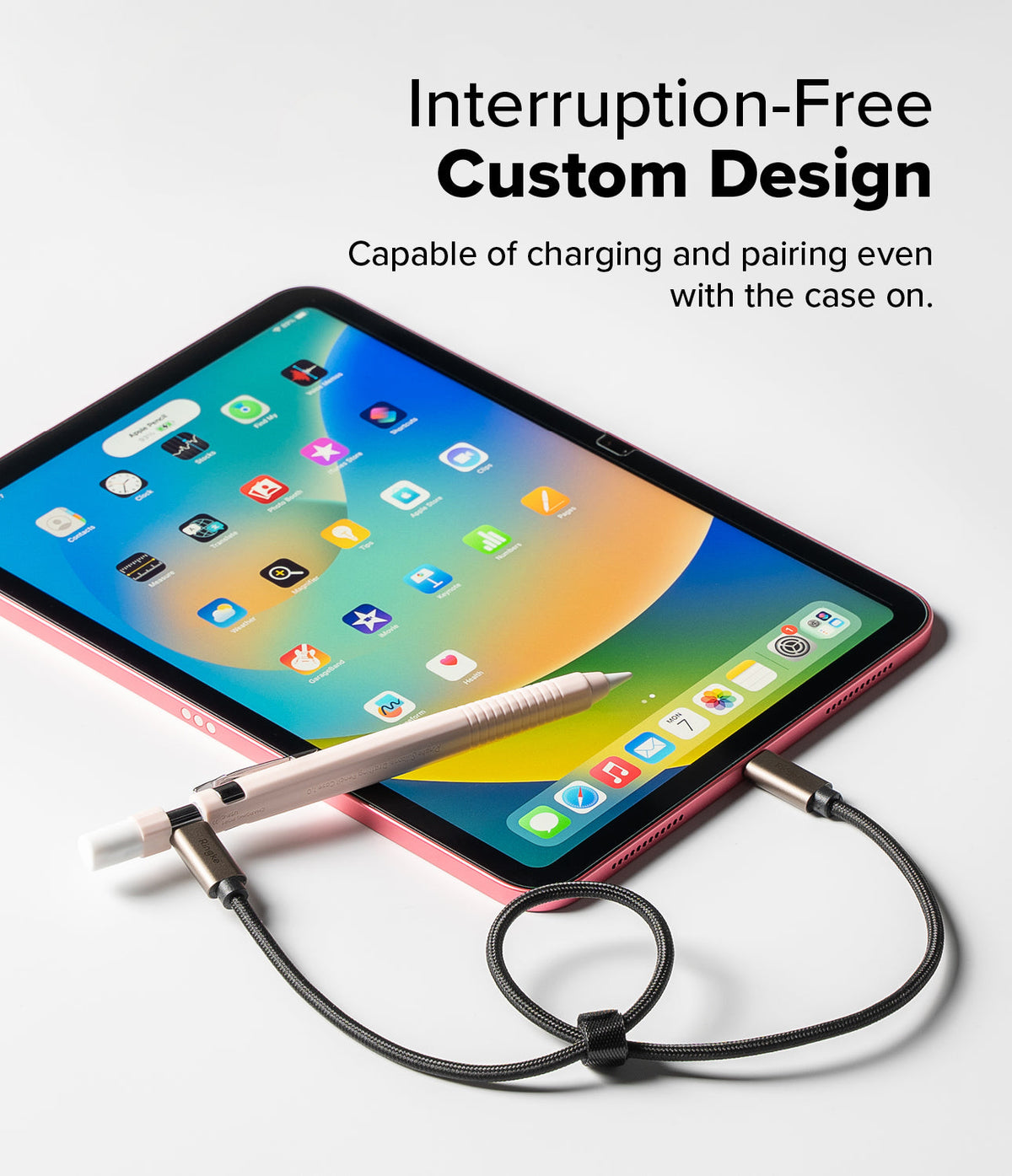 Apple Pencil USB-C Case | Silicone Drafting Pencil Case - Apple Pencil USB-C Case - A pink iPad with a silicone-cased Apple Pencil charging via a USB-C cable.