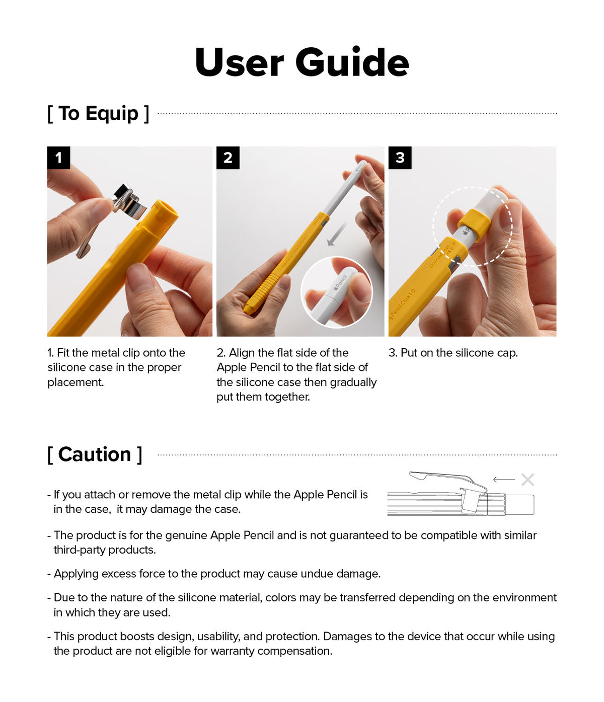Apple Pencil USB-C Case | Silicone Drafting Pencil Case - Apple Pencil USB-C Case - Three-step visual guide showing how to attach a metal clip, insert the pencil, and add the cap.