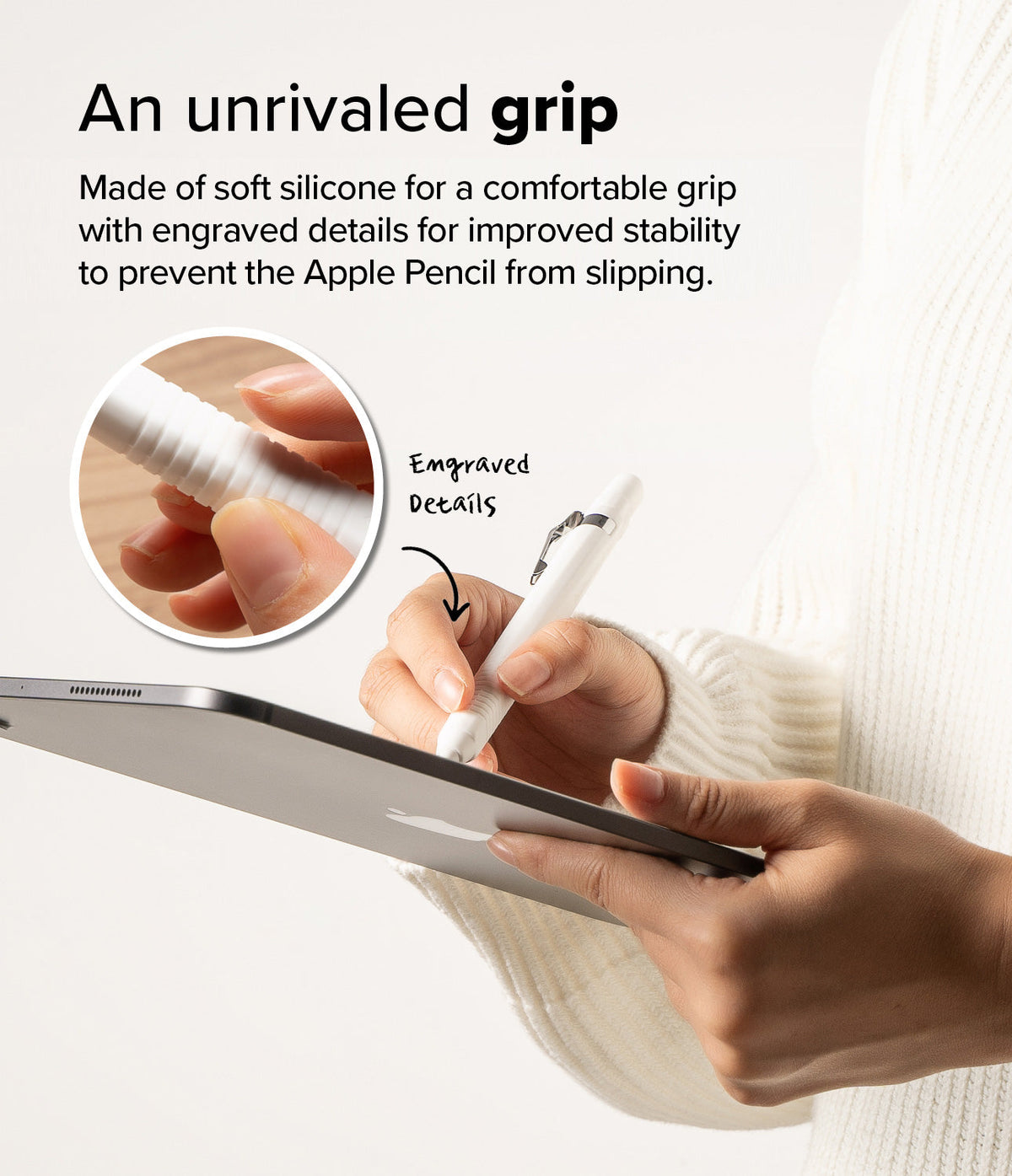 Apple Pencil USB-C Case | Silicone Drafting Pencil Case - Apple Pencil USB-C Case - Hand holding an Apple Pencil with a textured silicone grip while writing on a tablet.