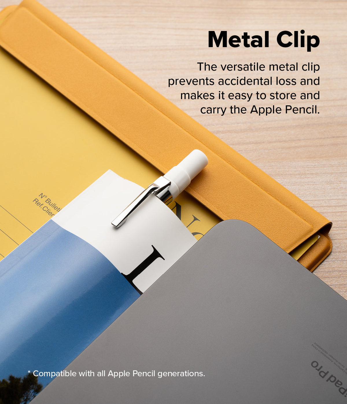 Apple Pencil USB-C Case | Silicone Drafting Pencil Case - Apple Pencil USB-C Case - White Apple Pencil with a metal clip attached to a yellow folder and grey tablet.