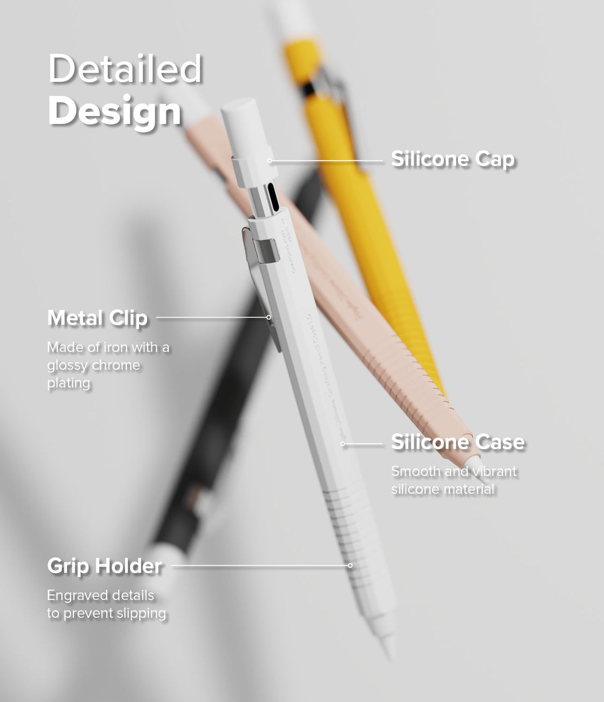 Apple Pencil USB-C Case | Silicone Drafting Pencil Case - Apple Pencil USB-C Case - Diagram highlighting silicone cap, metal clip, silicone case, and anti-slip grip on drafting cases.