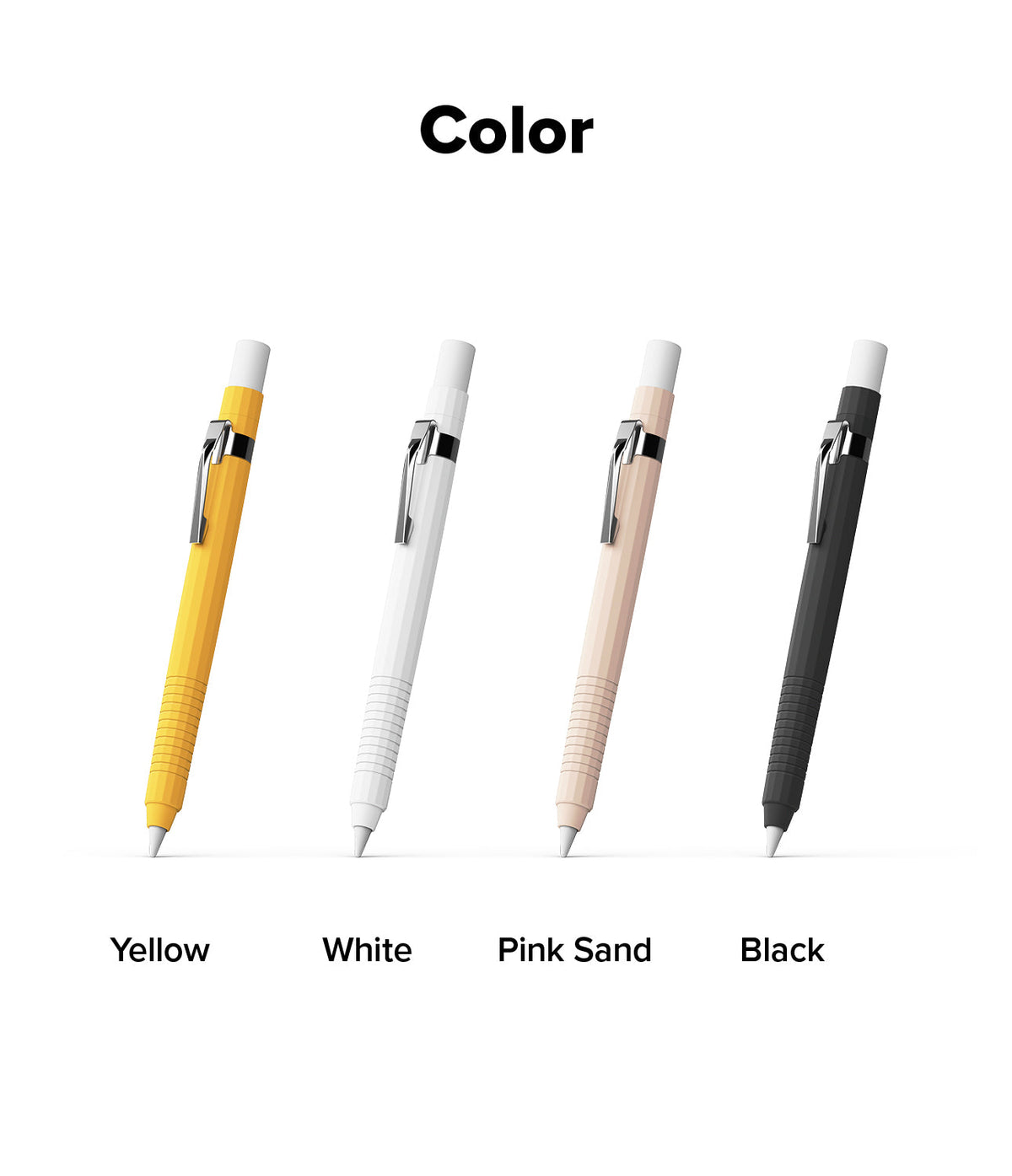 Apple Pencil USB-C Case | Silicone Drafting Pencil Case - Apple Pencil USB-C Case - Four silicone drafting-style cases in yellow, white, pink sand, and black with metal clips.