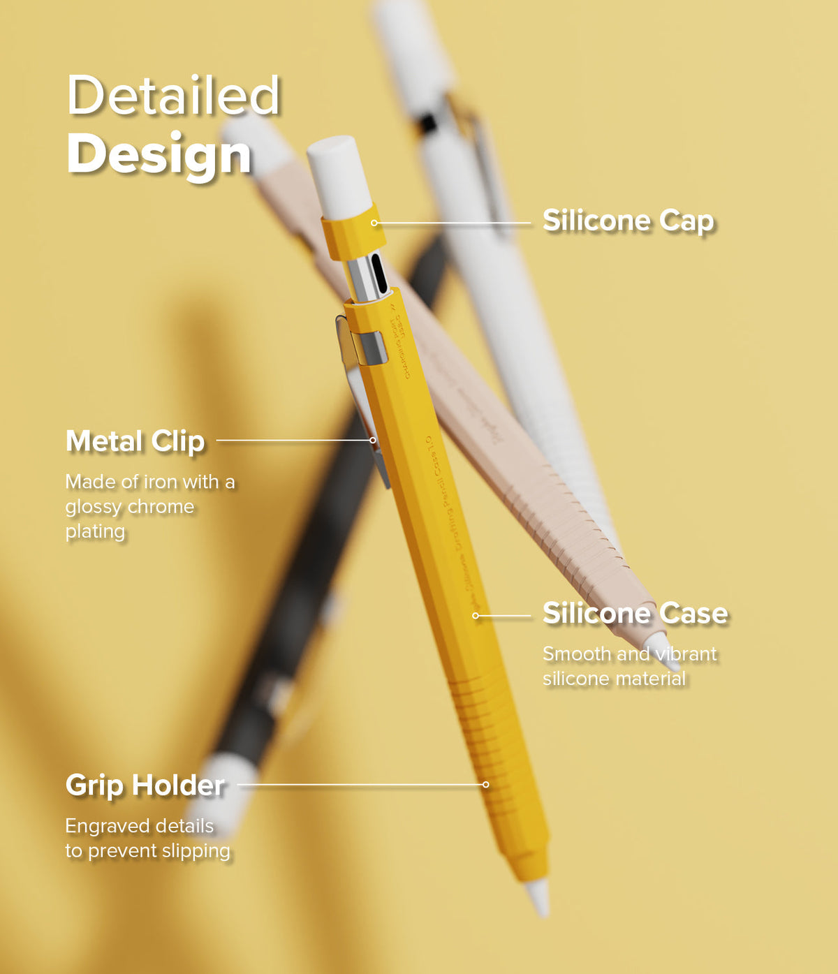 Apple Pencil USB-C Case | Silicone Drafting Pencil Case - Labeled diagram of a yellow silicone Apple Pencil case.