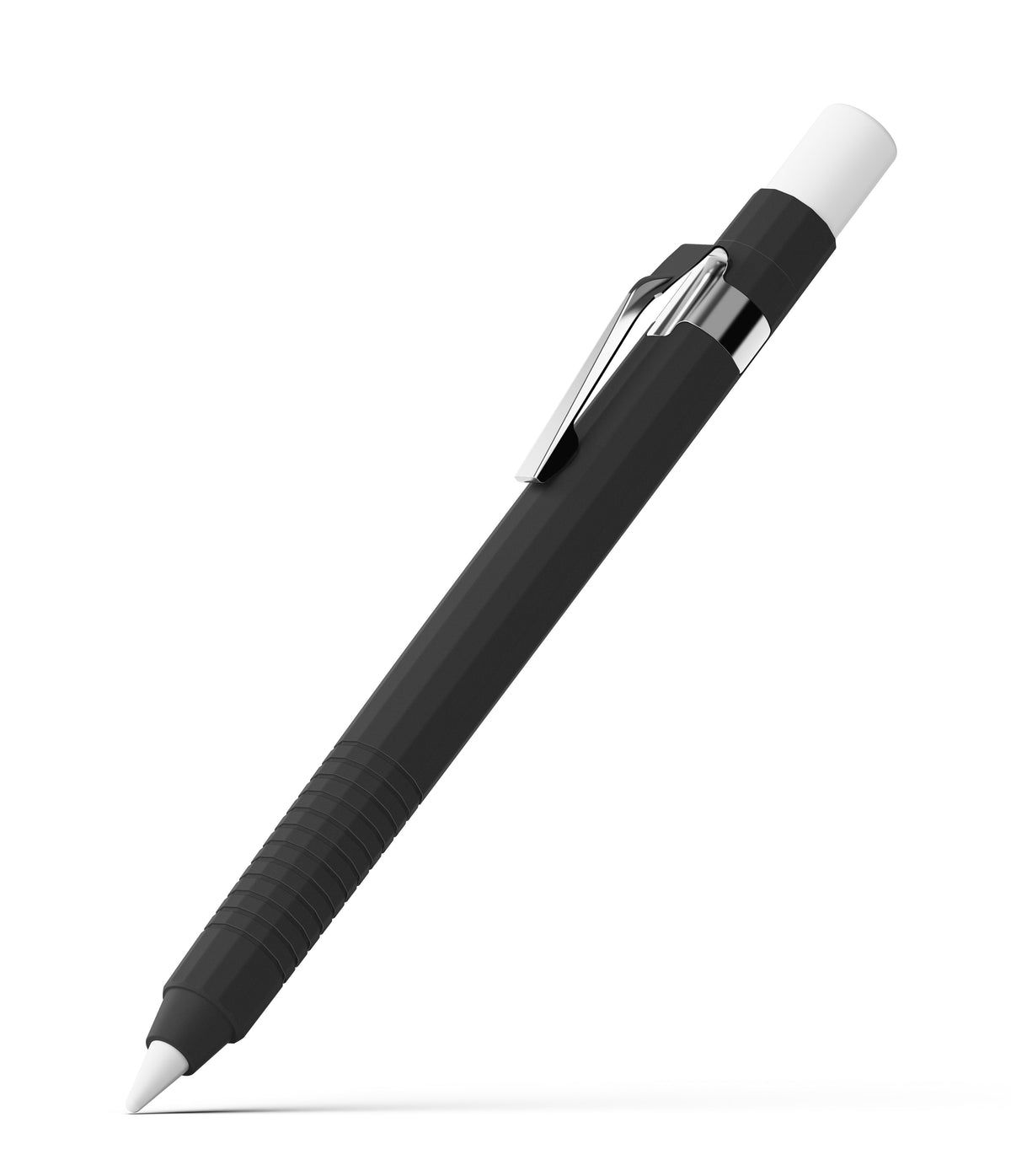 Apple Pencil USB-C Case | Silicone Drafting Pencil Case - Apple Pencil USB-C Case - A black silicone drafting-style case for Apple Pencil with a silver clip and white tip.