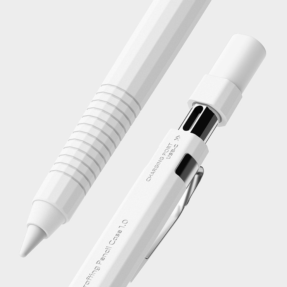 Apple Pencil USB-C Case | Silicone Drafting Pencil Case - Apple Pencil USB-C Case - White silicone drafting-style case for Apple Pencil with a sliding USB-C charging port cover.