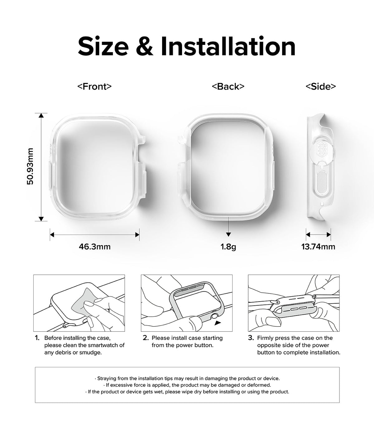 Apple Watch Ultra 3 / 2 / 1 Case | Slim - Technical diagram showing dimensions, weight, and three-step installation guide.