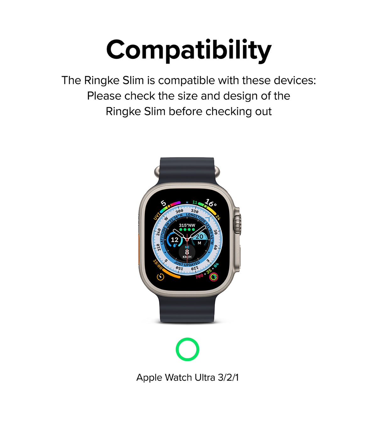 Apple Watch Ultra 3 / 2 / 1 Case | Slim - Apple Watch Ultra with a black band and a green checkmark indicating compatibility.