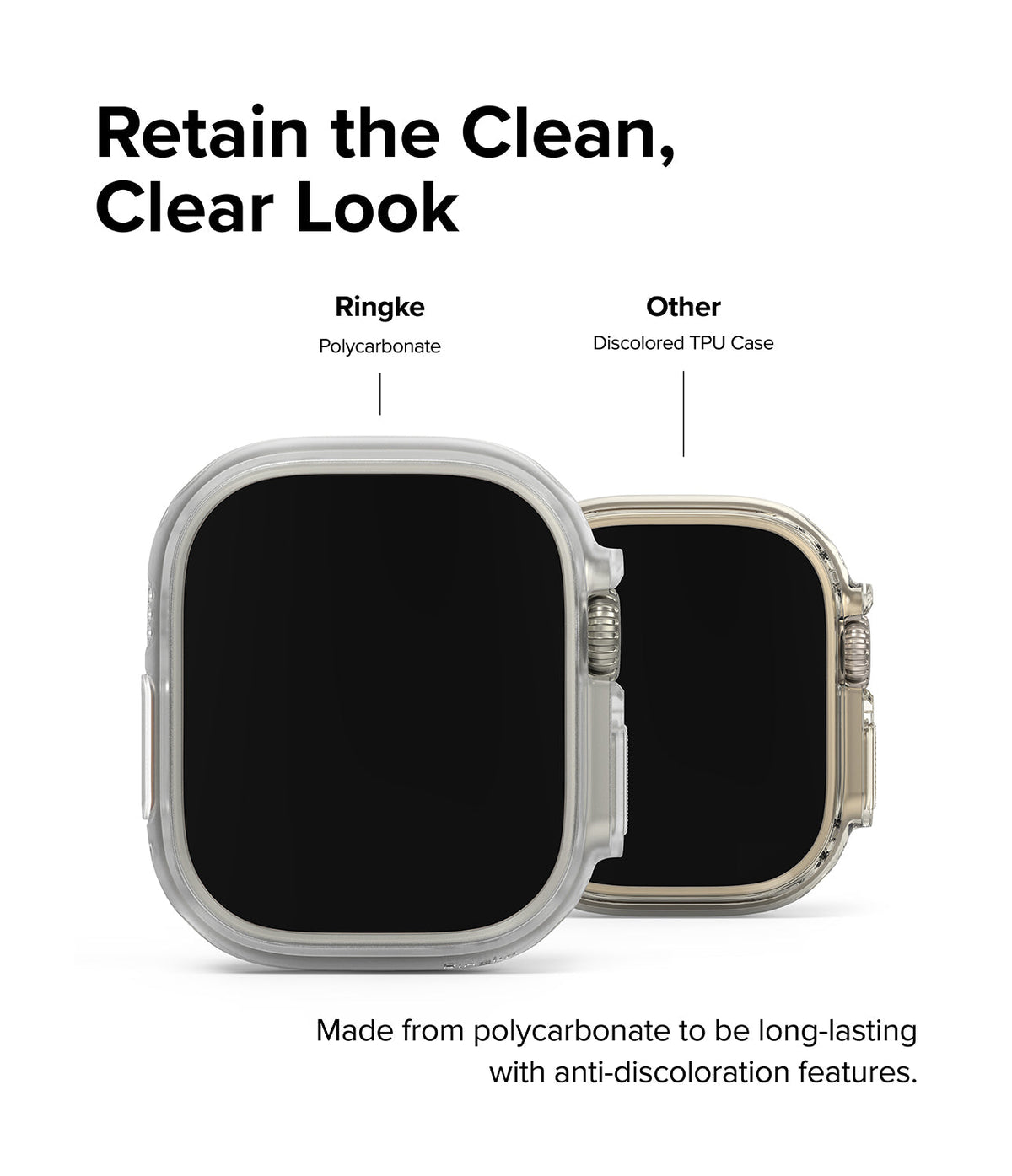 Apple Watch Ultra 3 / 2 / 1 Case | Slim - Comparison of a clear Ringke polycarbonate case versus a yellowed TPU case.