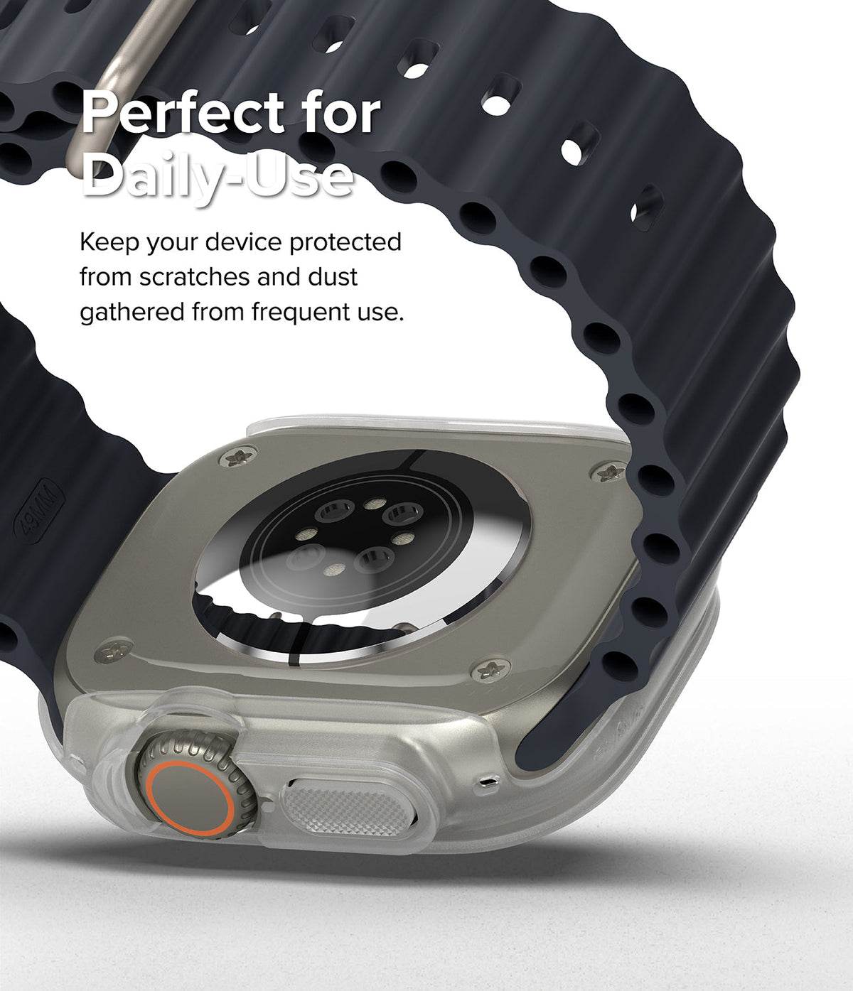 Apple Watch Ultra 3 / 2 / 1 Case | Slim - Clear protective case on an Apple Watch Ultra with a black silicone band.