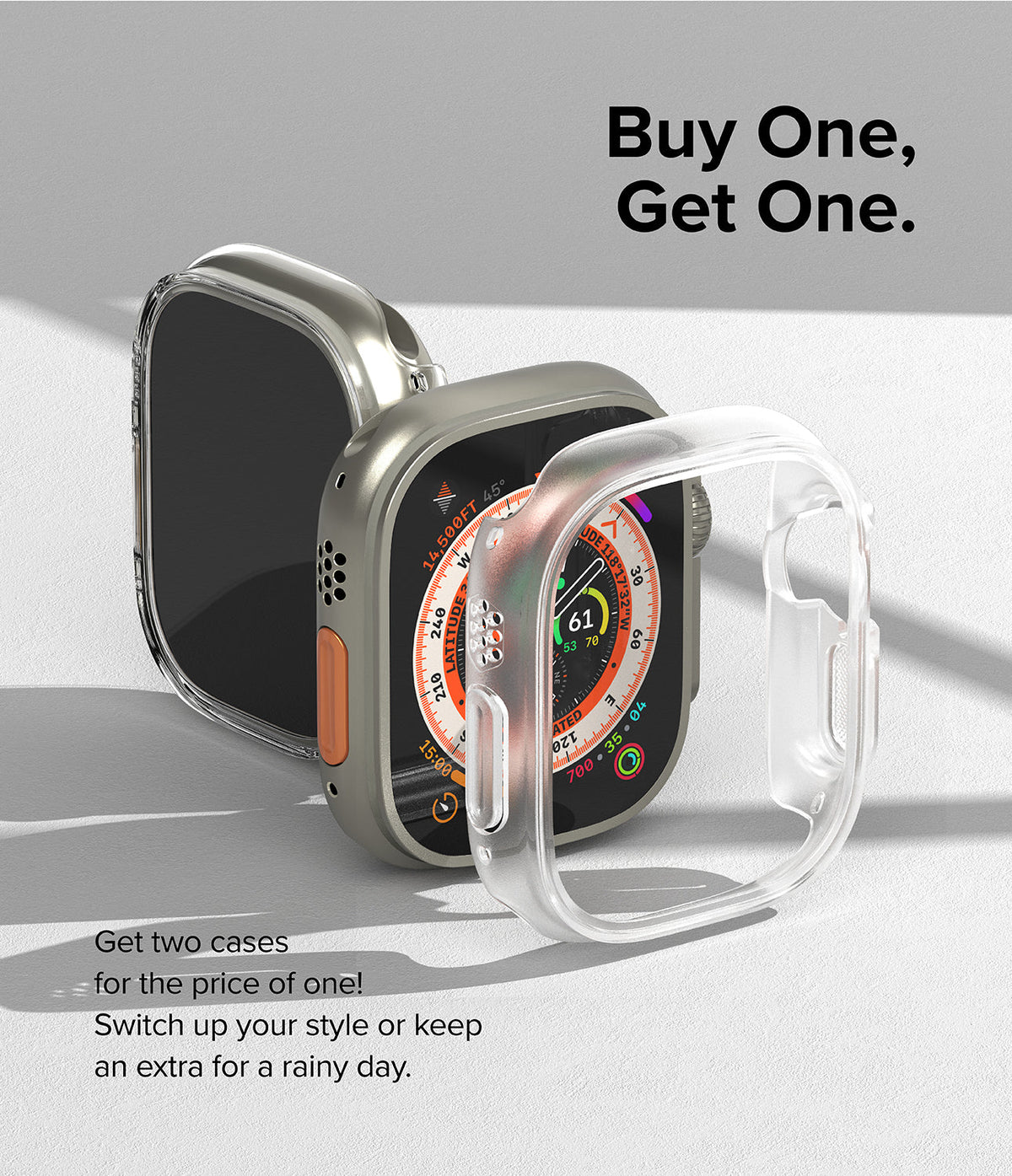 Apple Watch Ultra 3 / 2 / 1 Case | Slim - Two clear protective cases floating beside an Apple Watch Ultra.