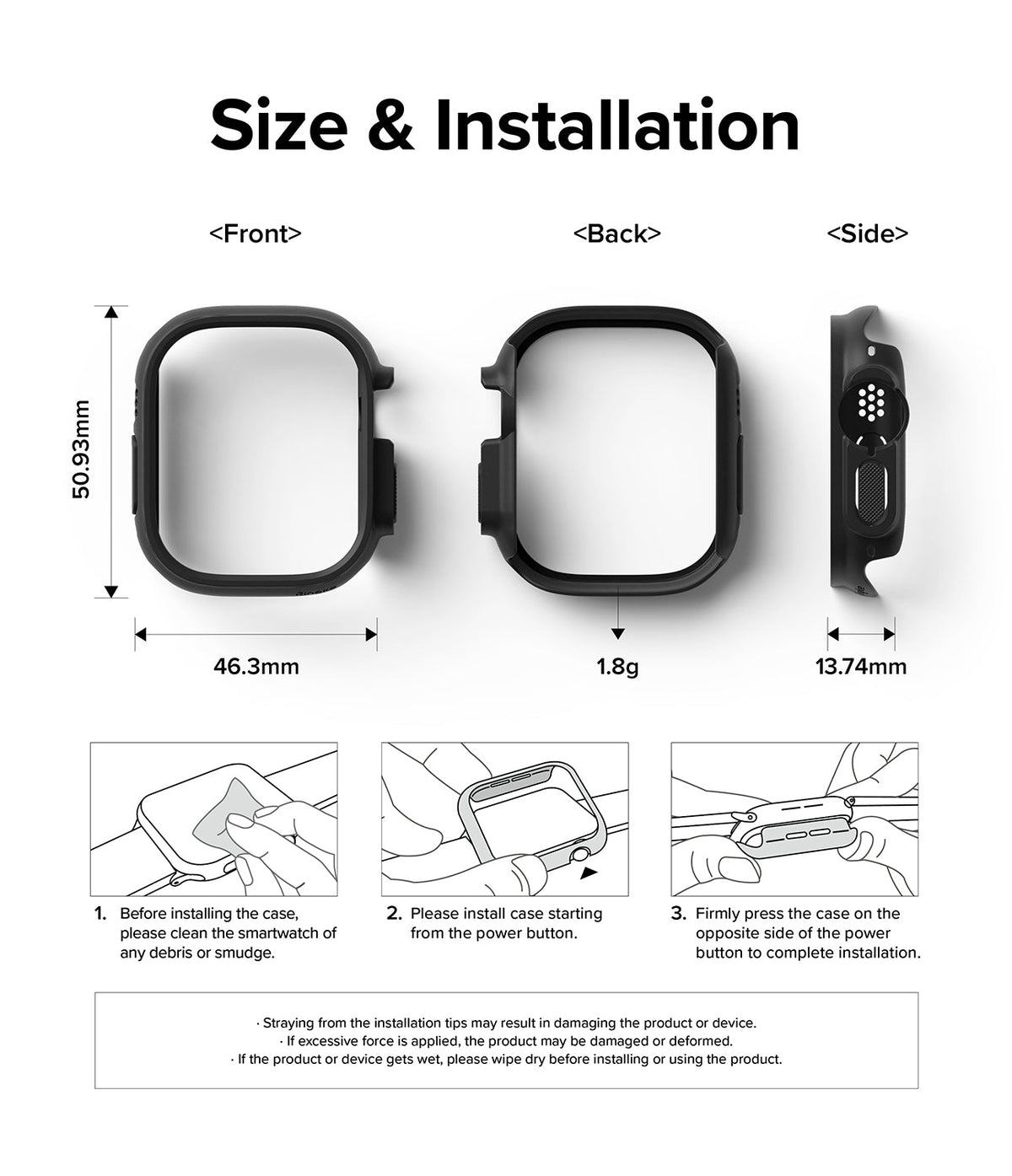 Apple Watch Ultra 3 / 2 / 1 Case | Slim - Dimensions, weight, and three-step installation guide for a black watch case.