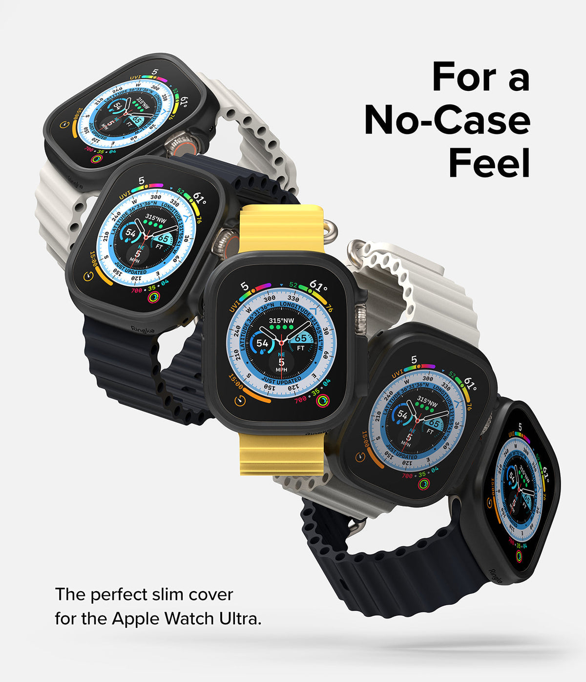Apple Watch Ultra 3 / 2 / 1 Case | Slim - Five Apple Watches with slim black cases and various bands arranged diagonally.
