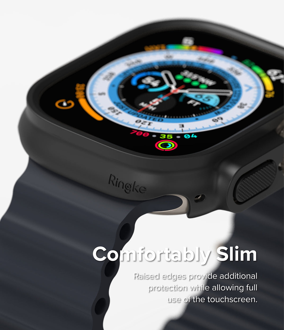 Apple Watch Ultra 3 / 2 / 1 Case | Slim - Matte black protective case on Apple Watch with raised edges and Ringke logo.