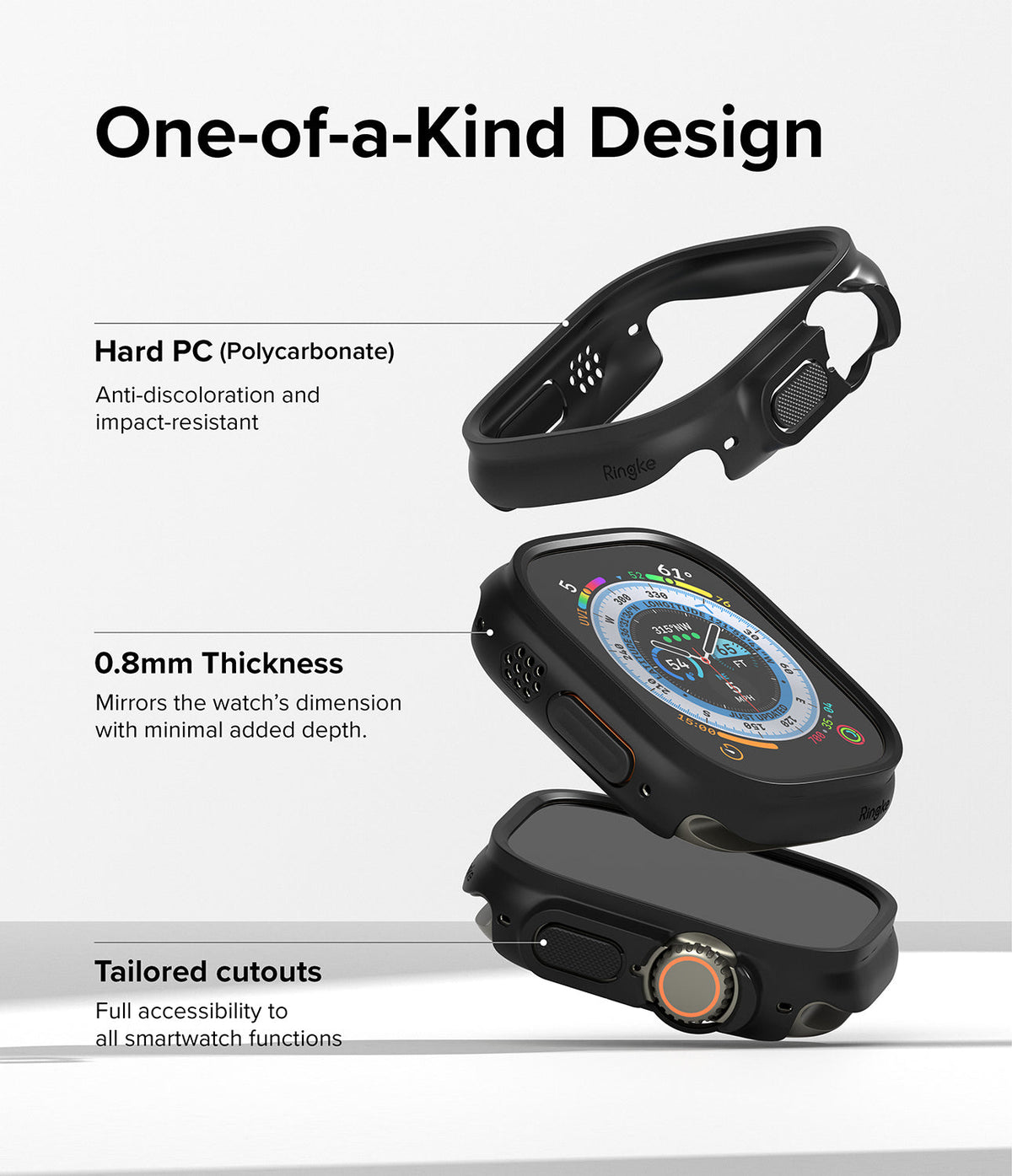 Apple Watch Ultra 3 / 2 / 1 Case | Slim - Exploded view of a black slim protective case for Apple Watch Ultra.