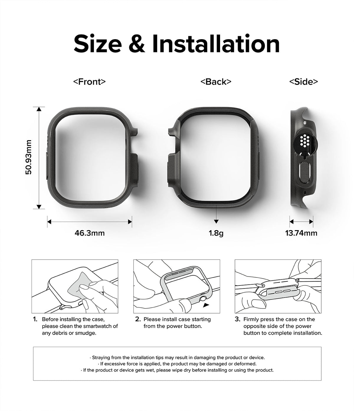 Apple Watch Ultra 3 / 2 / 1 Case | Slim - Technical diagram showing dimensions, weight, and three-step installation guide.