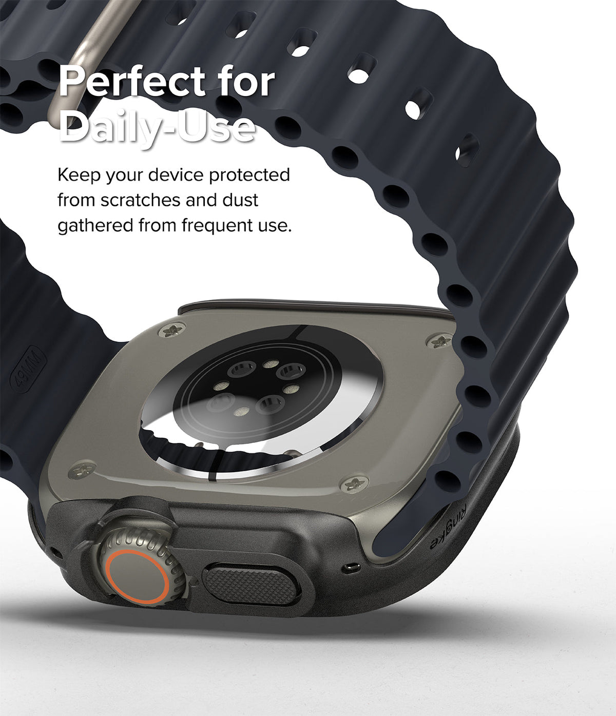 Apple Watch Ultra 3 / 2 / 1 Case | Slim - Close-up of a black protective watch case on an Apple Watch Ultra with a strap.