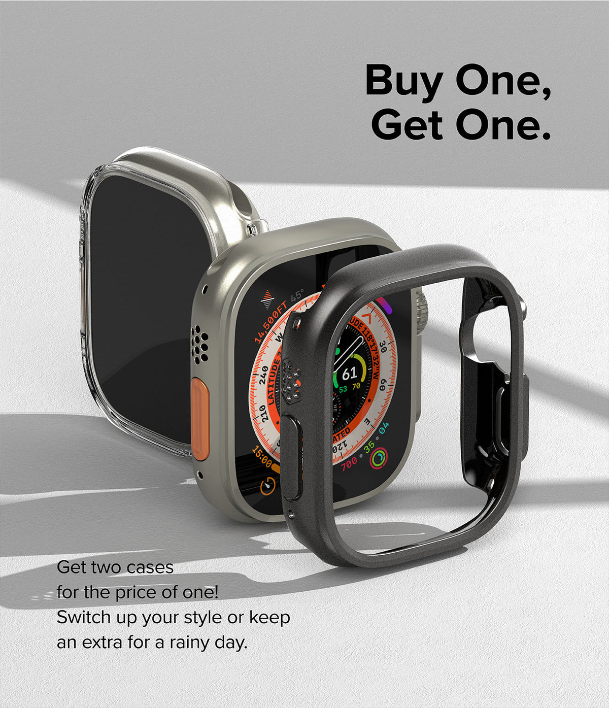 Apple Watch Ultra 3 / 2 / 1 Case | Slim - Two slim protective cases flanking an Apple Watch Ultra on a light background.