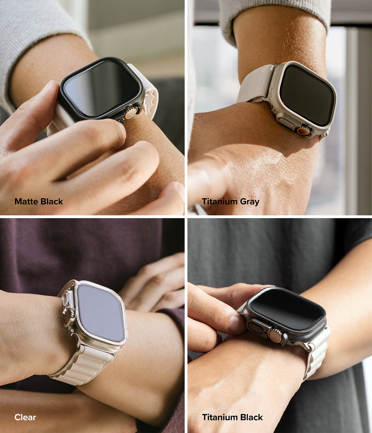 Apple Watch Ultra 3 / 2 / 1 Case | Slim - Four views of slim cases in matte black, titanium gray, clear, and titanium black.