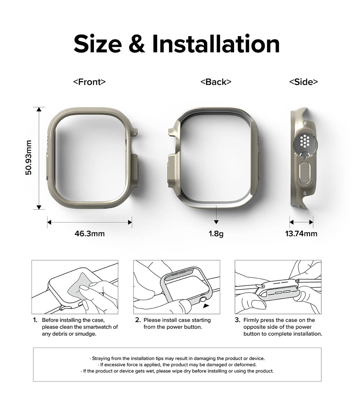 Apple Watch Ultra 3 / 2 / 1 Case | Slim - Dimensions, weight, and three-step installation guide for the watch case.