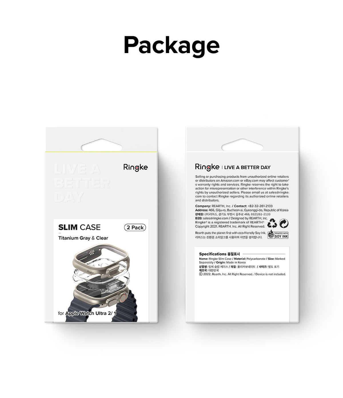 Apple Watch Ultra 3 / 2 / 1 Case | Slim - Front and back view of Ringke 2-pack slim case packaging for Apple Watch.