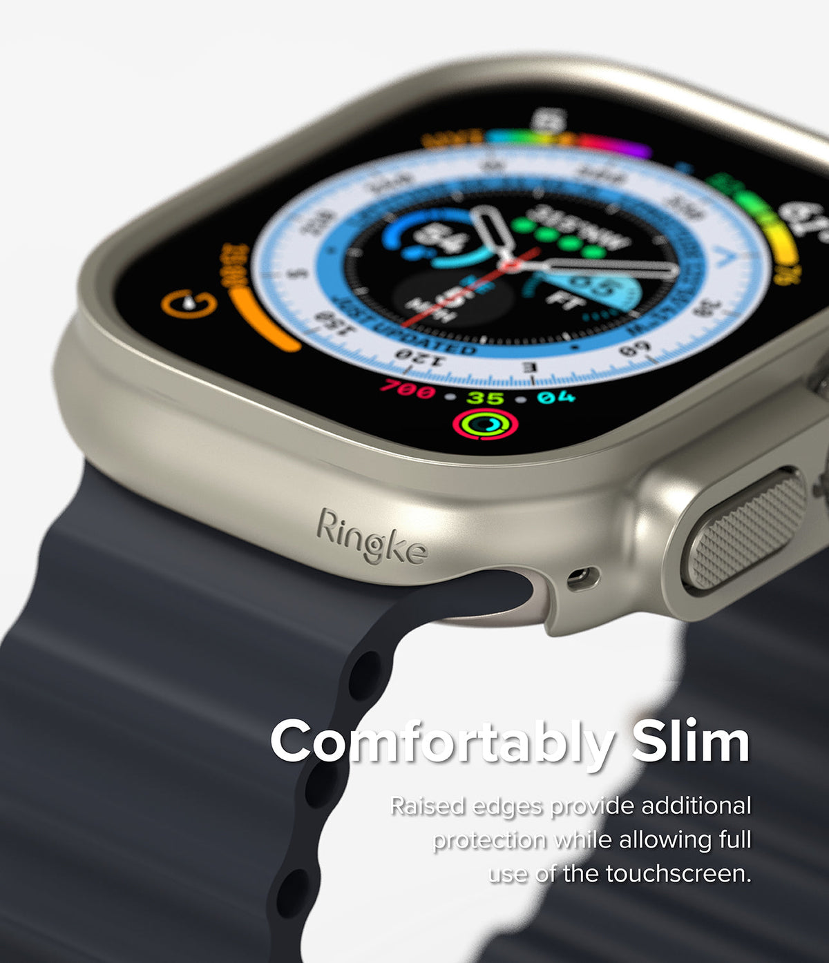 Apple Watch Ultra 3 / 2 / 1 Case | Slim - Close-up of a slim, metallic-finish protective case on an Apple Watch Ultra.