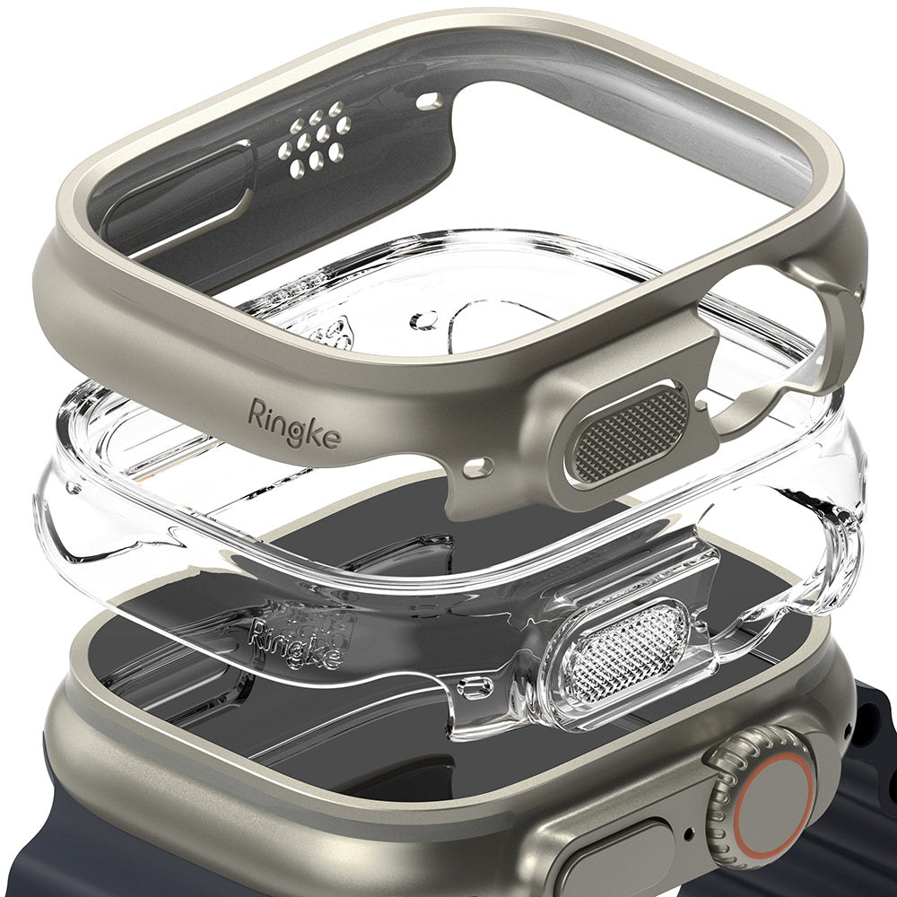Apple Watch Ultra 3 / 2 / 1 Case | Slim - Exploded view of a metallic and clear protective watch case layers.