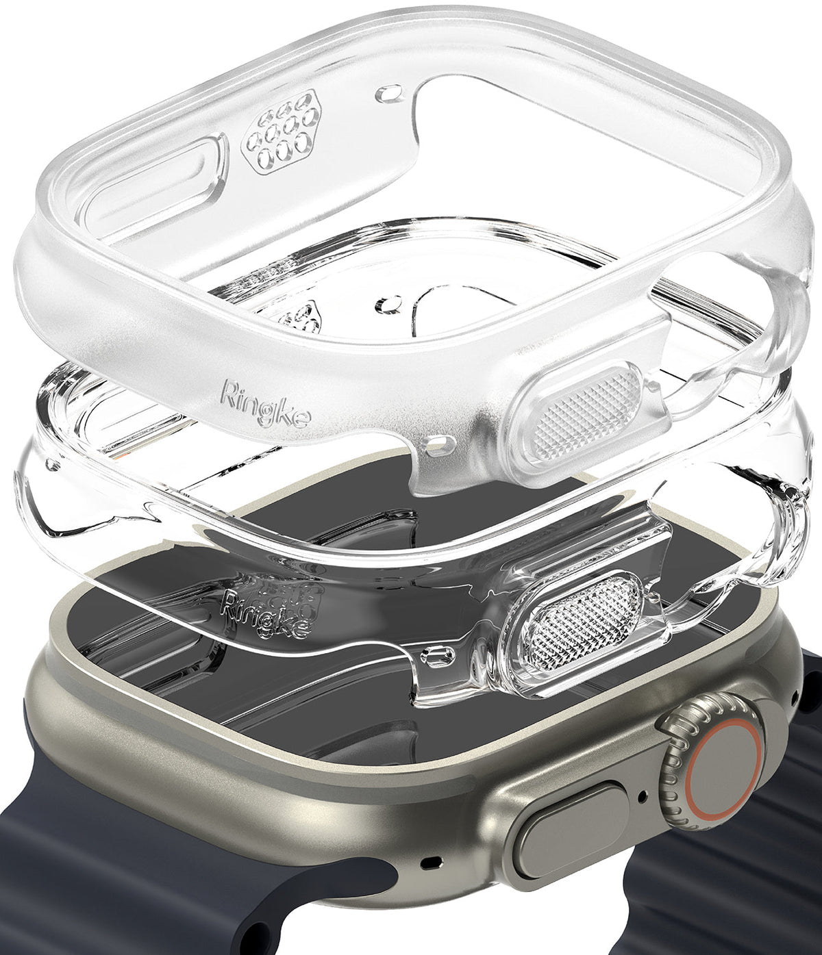 Apple Watch Ultra 3 / 2 / 1 Case | Slim - Clear protective case hovering above an Apple Watch Ultra with a dark band.