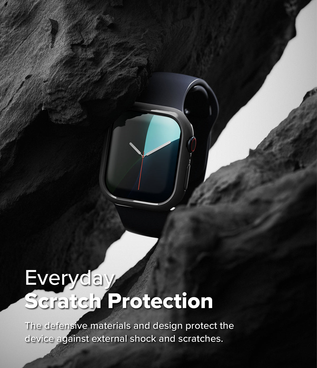 Apple Watch 11 / 10 (42mm) Case | Slim - A dark grey slim protective case on an Apple Watch nestled between jagged rocks.