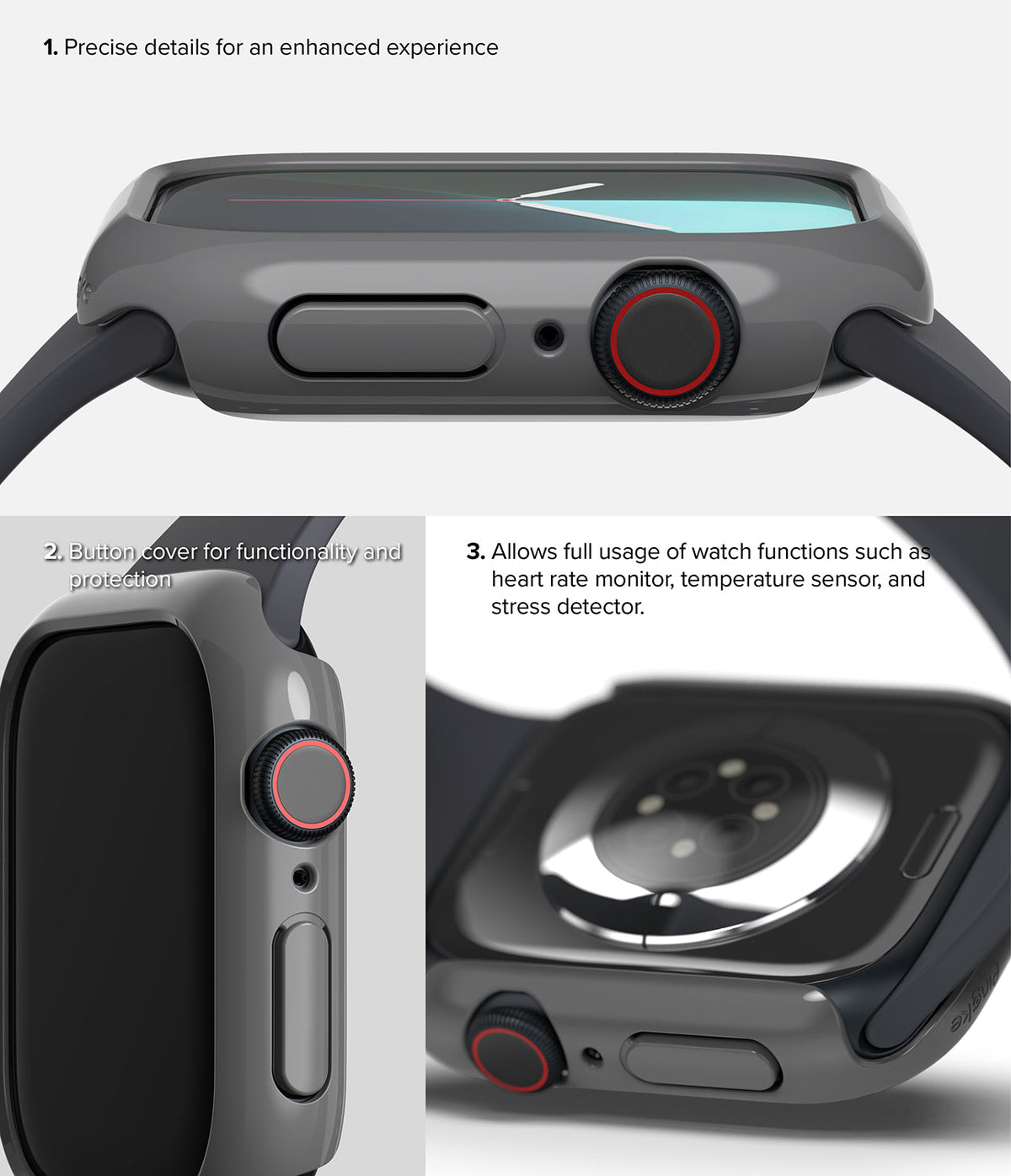 Apple Watch 11 / 10 (42mm) Case | Slim - Three views of a dark grey slim protective case on an Apple Watch showing buttons and sensors.