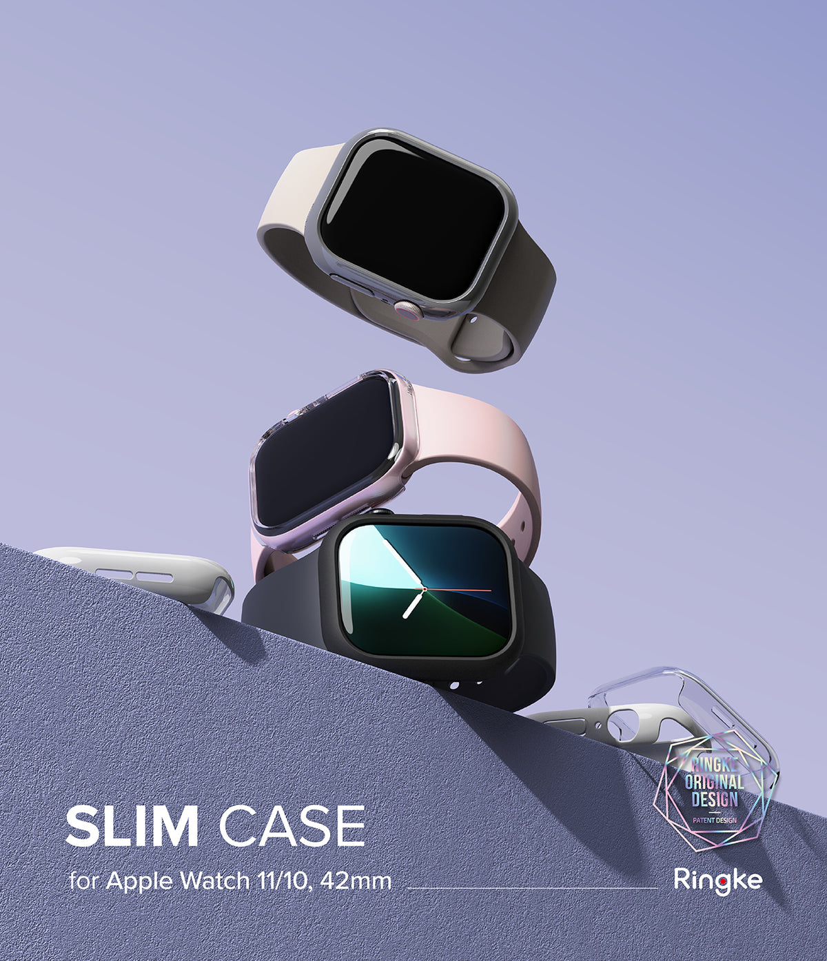 Apple Watch 11 / 10 (42mm) Case | Slim - Three Apple Watches with slim protective cases stacked on a purple surface.
