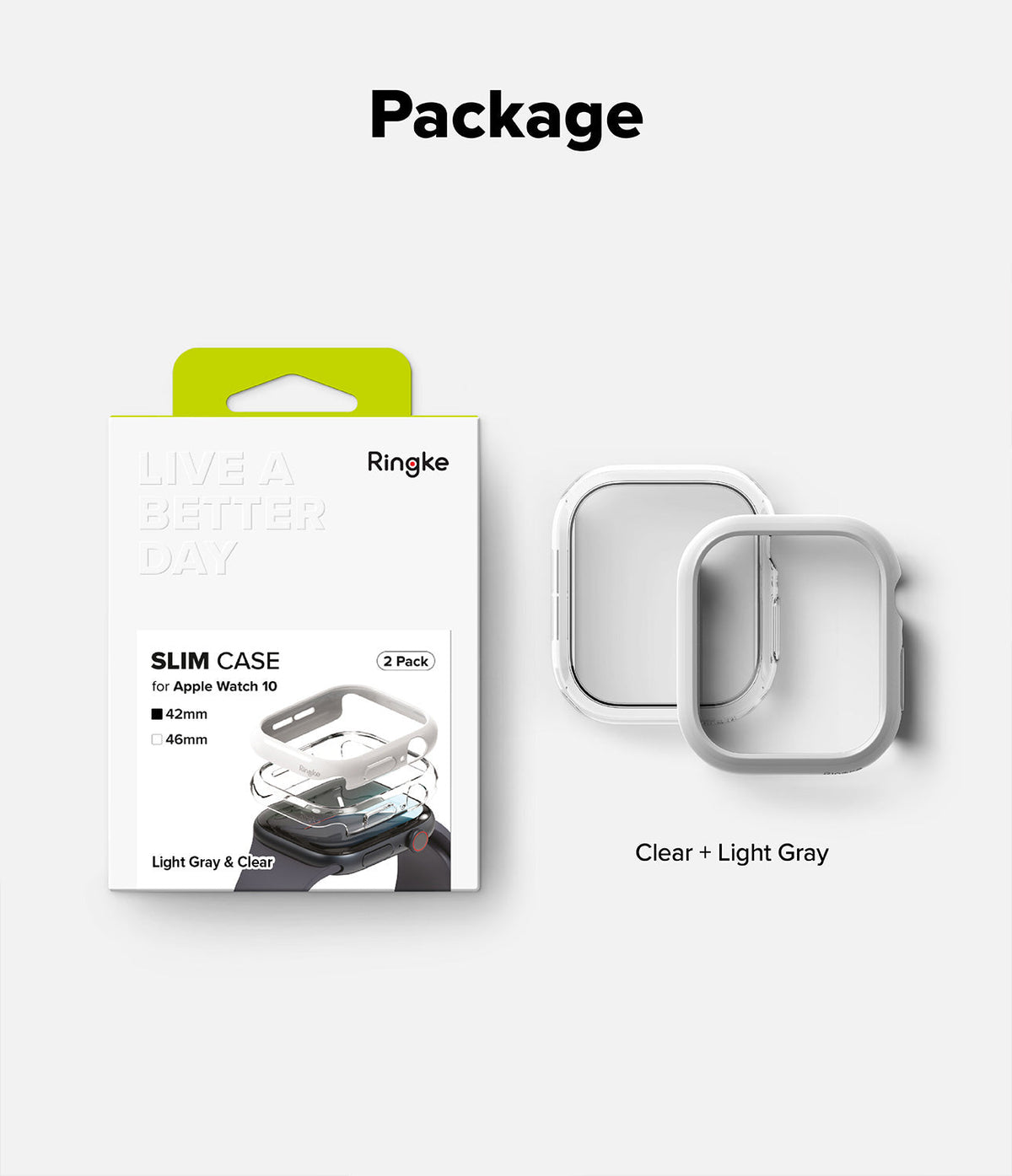 Apple Watch 11 / 10 (42mm) Case | Slim - Ringke 2-pack slim cases in clear and light gray for Apple Watch 10.