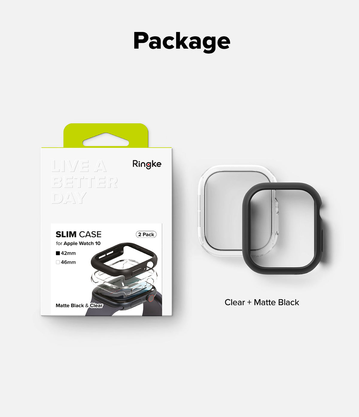Apple Watch 11 / 10 (42mm) Case | Slim - Retail packaging for a 2-pack of clear and matte black slim Apple Watch cases.