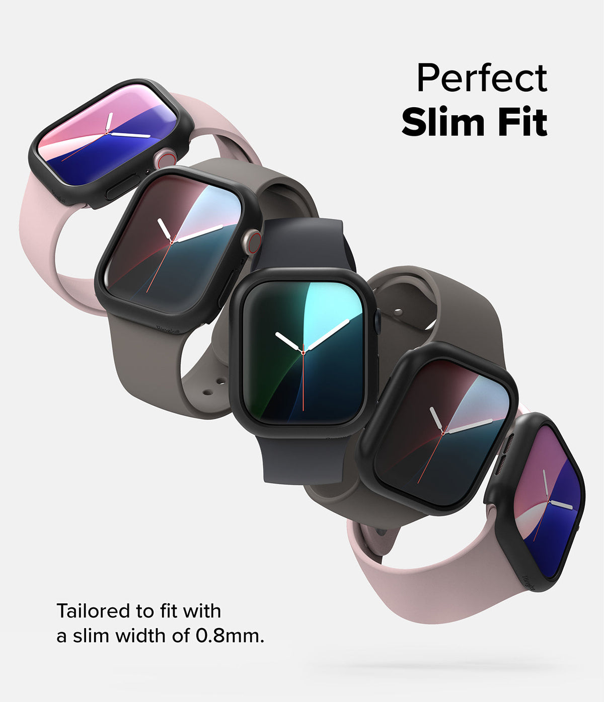 Apple Watch 11 / 10 (42mm) Case | Slim - Five Apple Watches with slim black protective cases arranged in a diagonal row.