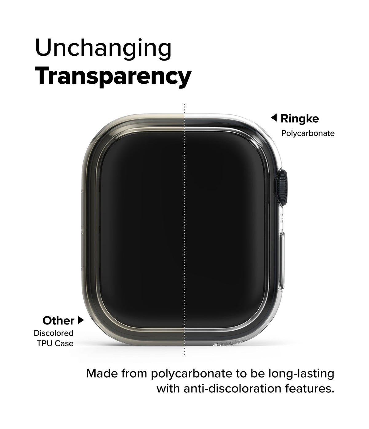 Apple Watch 11 / 10 (42mm) Case | Slim - Comparison showing clear Ringke polycarbonate vs. discolored TPU case.