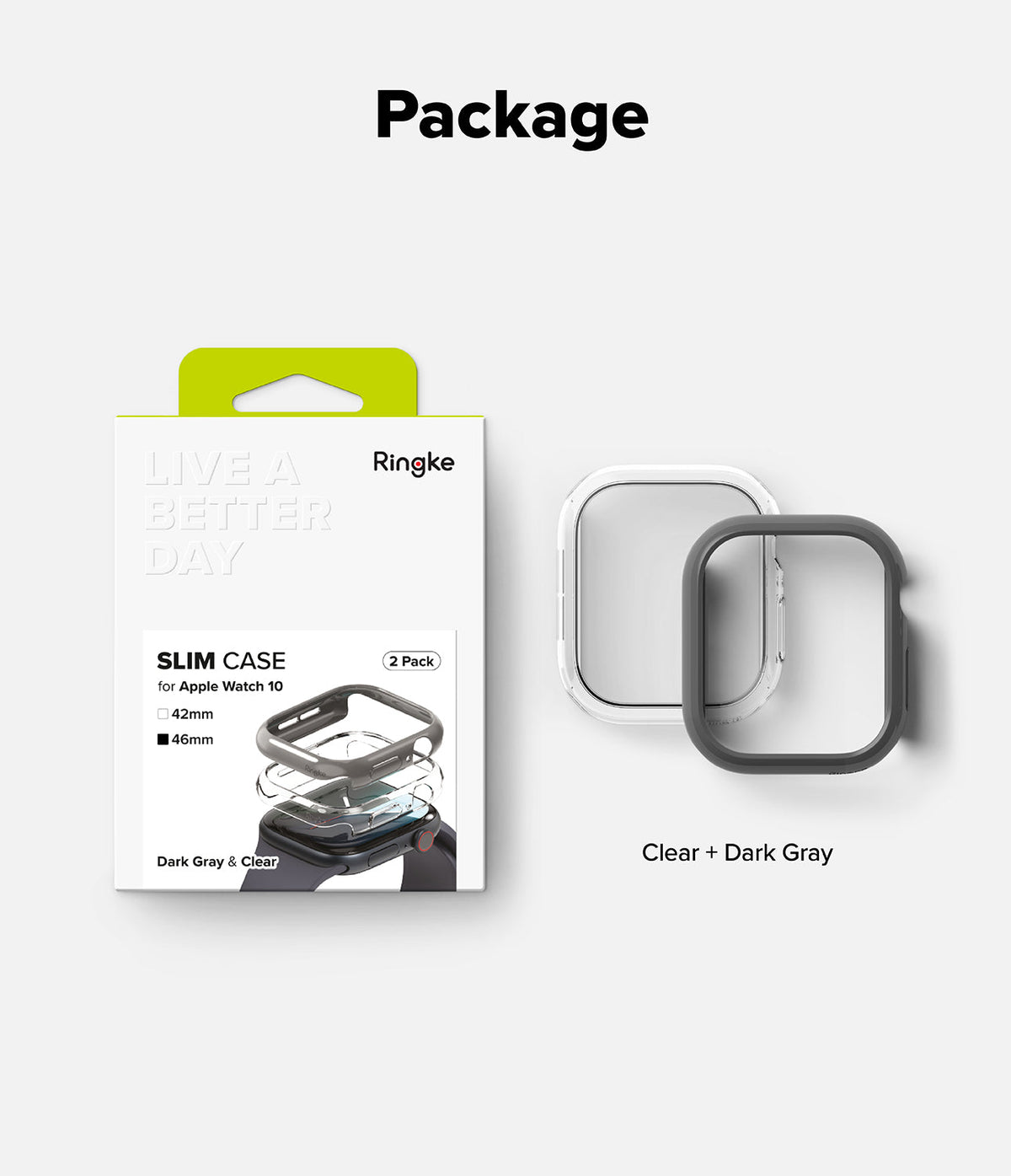 Apple Watch 11 / 10 (46mm) Case | Slim - Ringke 2-pack slim protective cases in clear and dark gray for Apple Watch.