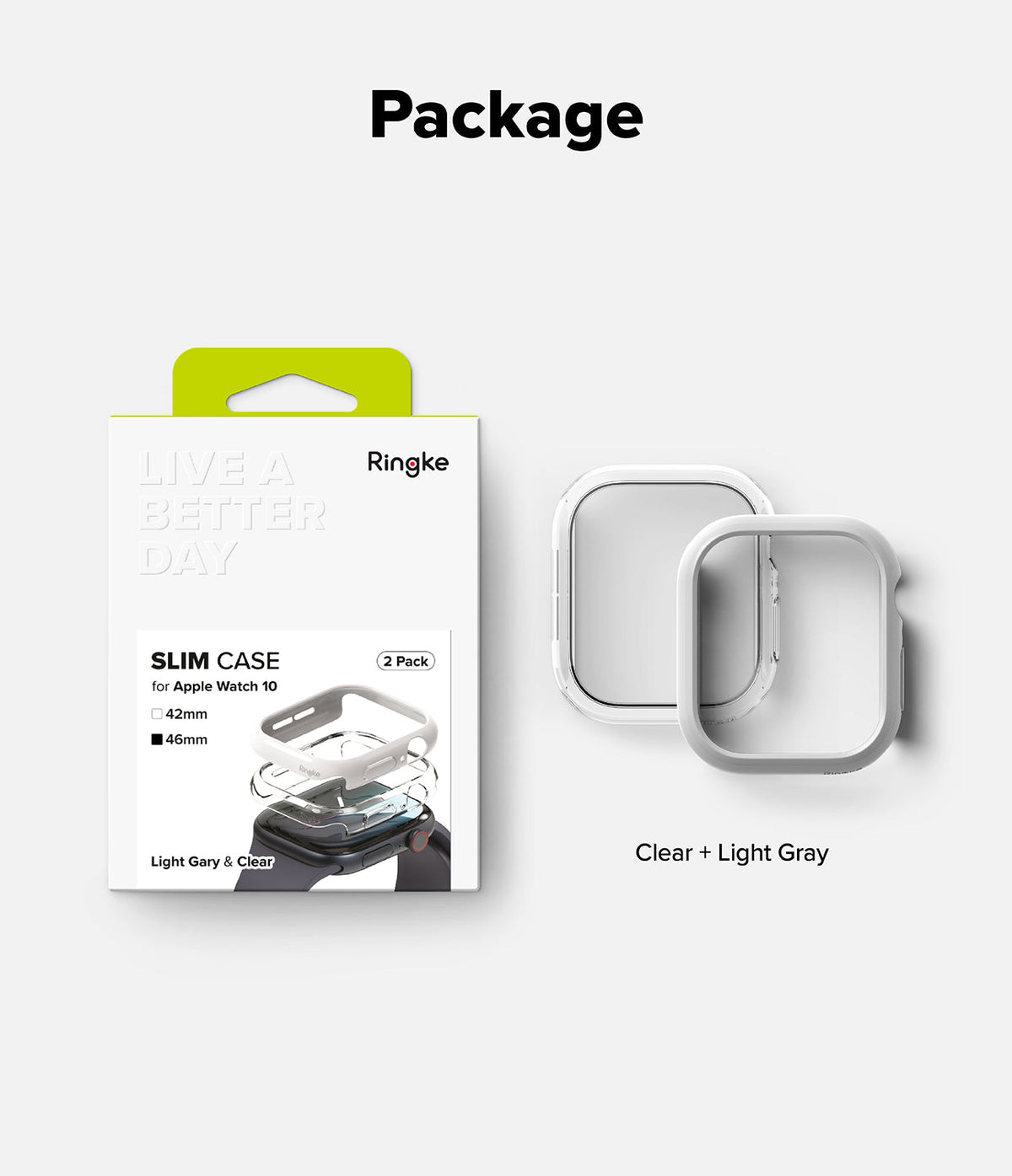 Apple Watch 11 / 10 (46mm) Case | Slim - Retail packaging for a 2-pack of clear and light gray slim Apple Watch cases.