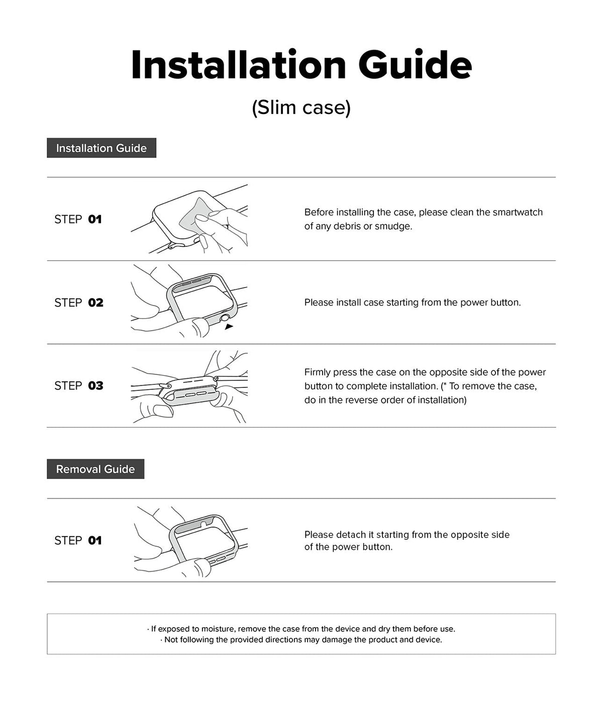Apple Watch 11 / 10 (42mm) Case | Slim - Illustrated guide showing steps to install and remove a slim Apple Watch case.