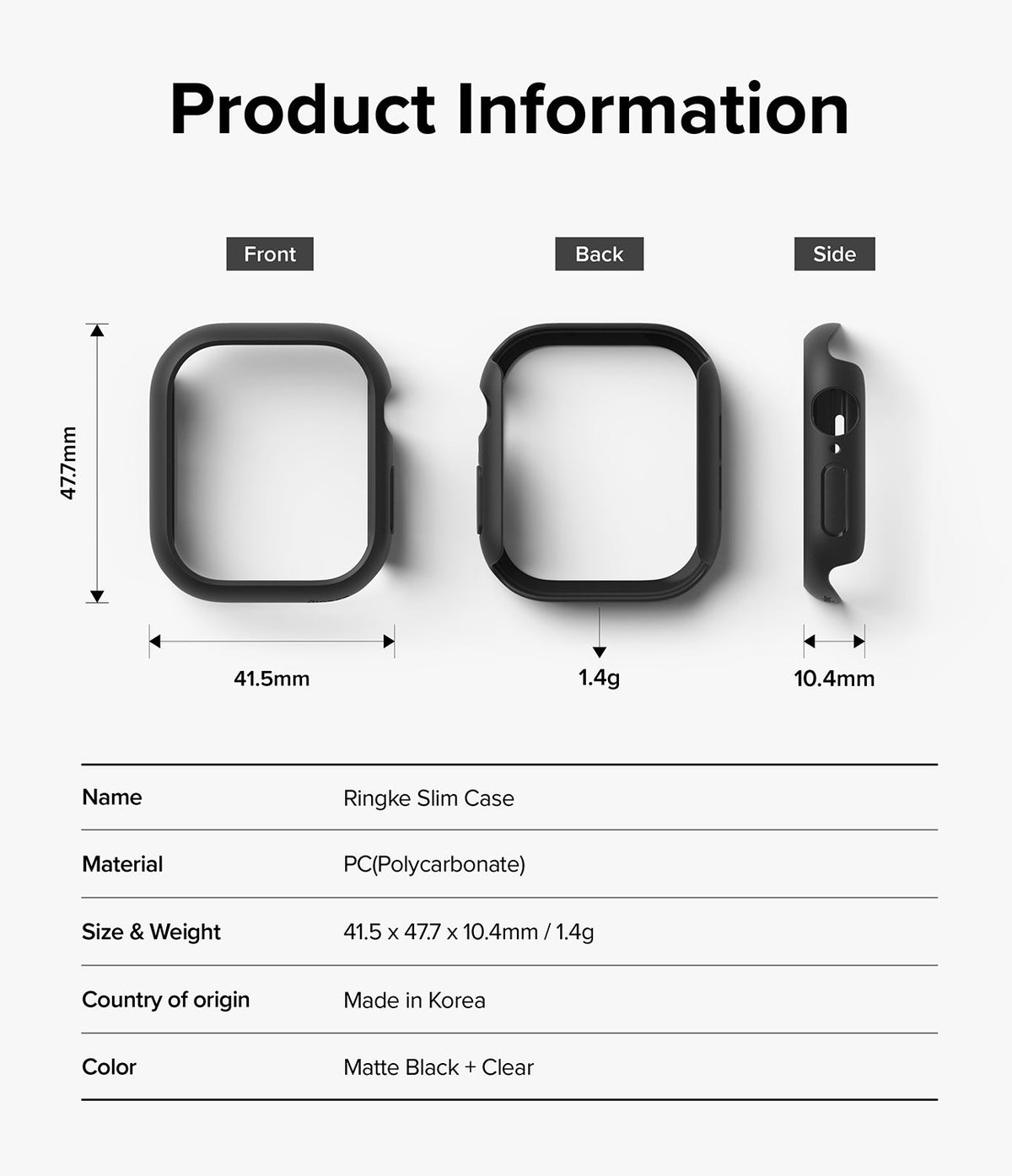 Apple Watch 11 / 10 (46mm) Case | Slim - Technical diagram showing front, back, and side views of a slim black watch case with dimensions.