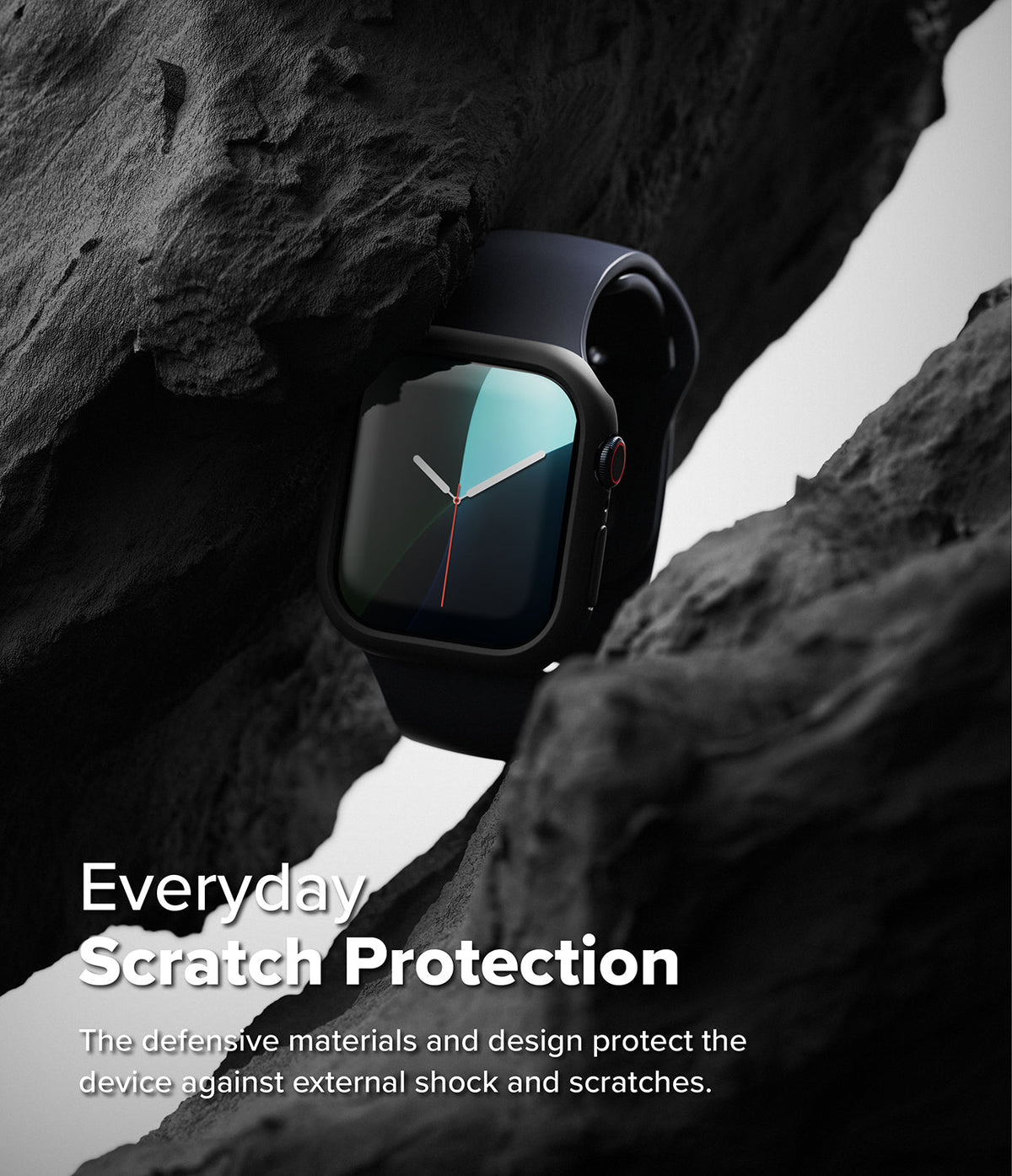 Apple Watch 11 / 10 (46mm) Case | Slim - Black Apple Watch in a slim protective case nestled between dark, jagged rock formations.