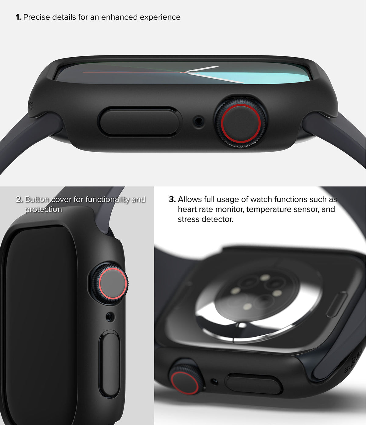 Apple Watch 11 / 10 (46mm) Case | Slim - Close-up views of a black protective watch case highlighting button covers and sensor access.