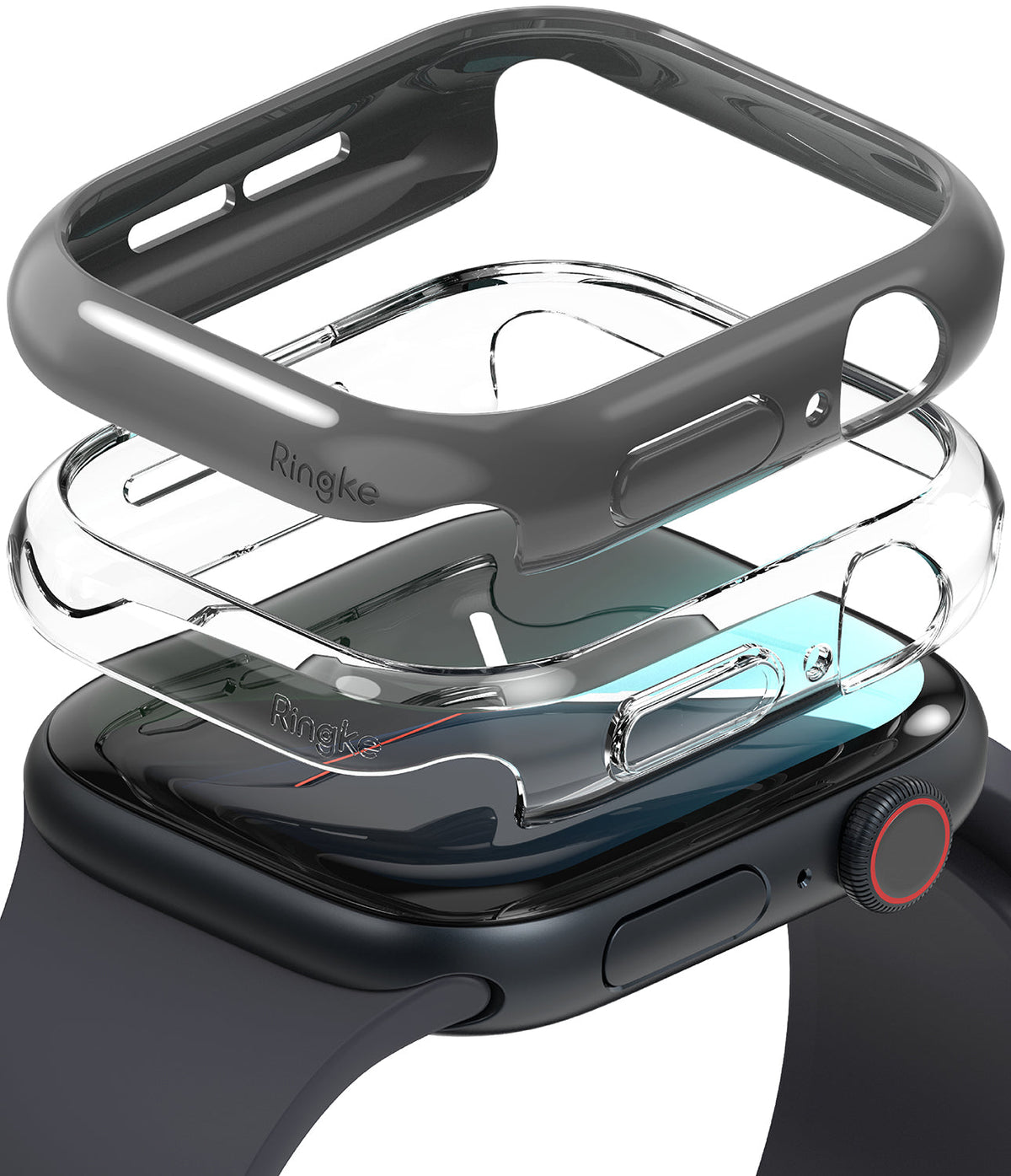 Apple Watch 11 / 10 (42mm) Case | Slim - Exploded view of a black Apple Watch with clear and matte grey protective cases.
