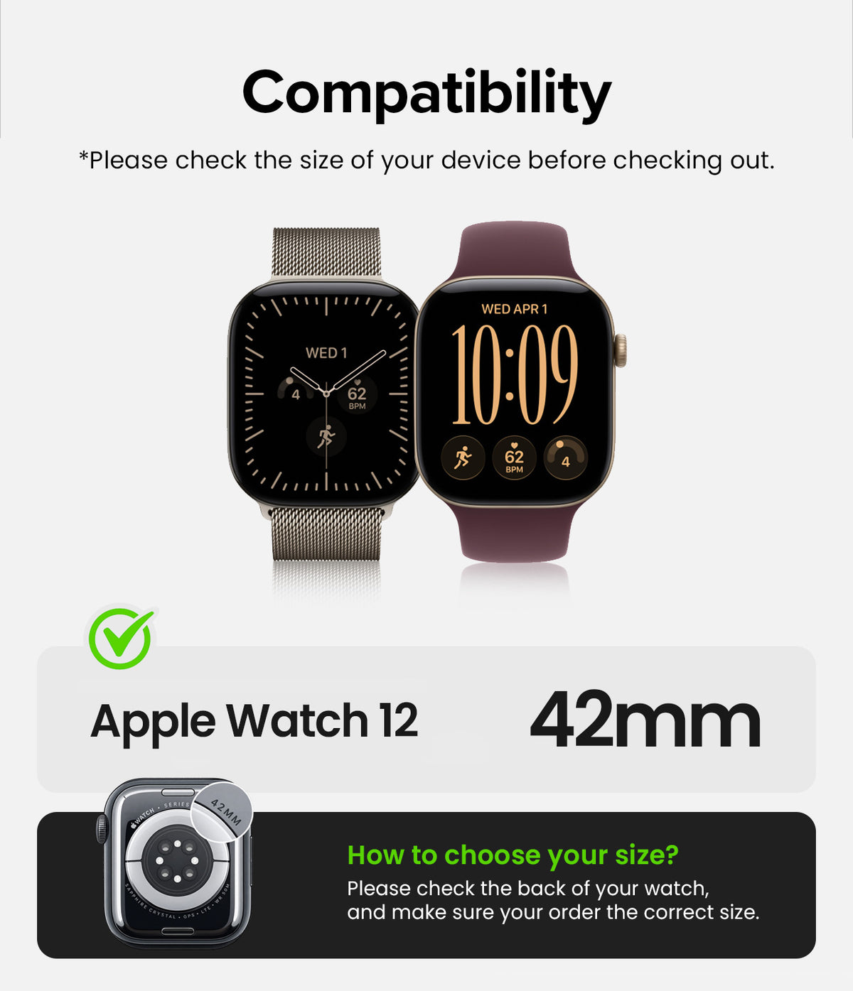 Apple Watch 12 42mm | Slim (2P) - Compatibility graphic for a 42mm Apple Watch 12, showing two watch faces on a light gray background with text noting it is not compatible with Ceramic models and instructions on how to choose the correct size.