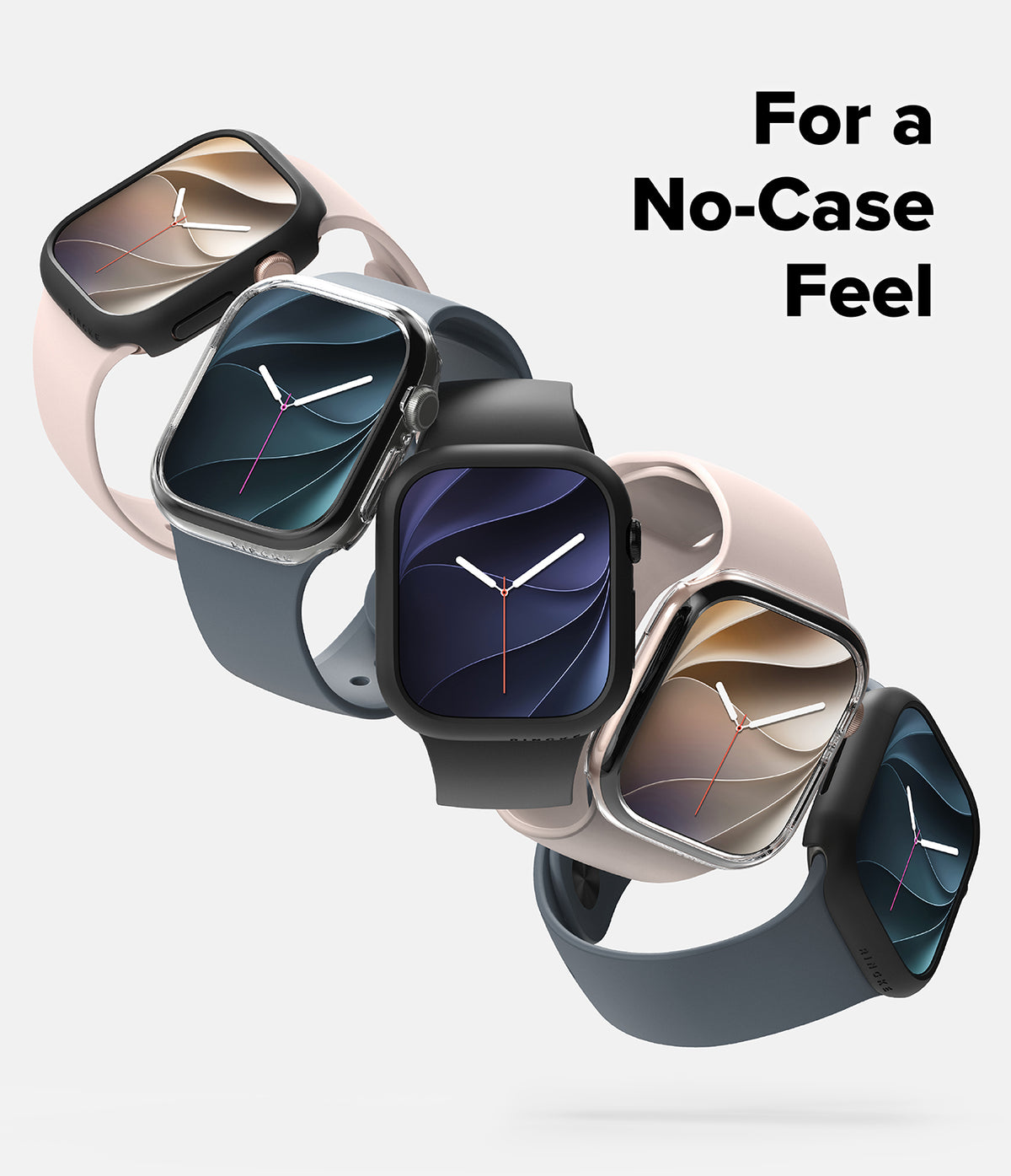 Apple Watch 12 46mm | Slim (2P) - Five smartwatches with square screens and rounded rectangular bands are arranged diagonally on a light gray background, each shown with a transparent protective case partially removed to reveal the band. The bands are in black, dark blue, and pale blush pink tones.