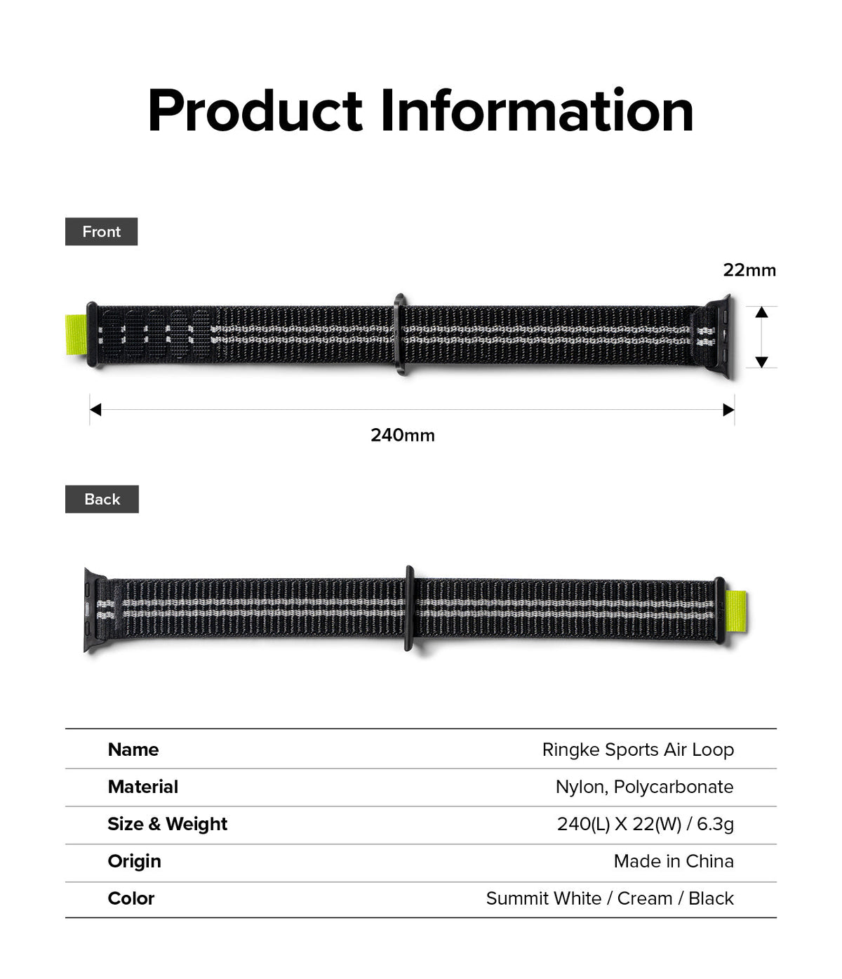 Apple Watch 42·41·40·38 mm | Sports Air Loop - Front and back views of a black nylon watch band with dimensions.